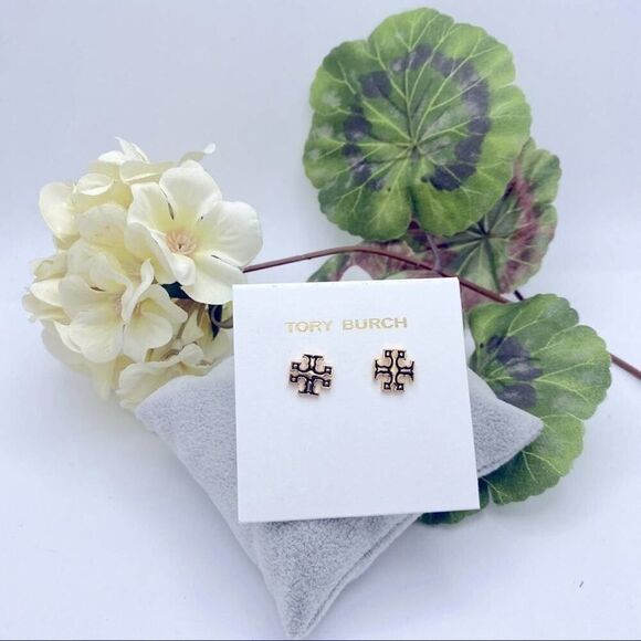 NWOT Tory Burch Gold Logo, Black Outline Kira Stud Earrings - Picture 3 of 11